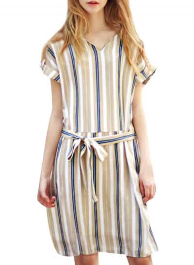 Oasap Women's V Neck Short Sleeve Tie Waist Vertical Stripe Dress