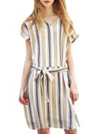 Oasap Women's V Neck Short Sleeve Tie Waist Vertical Stripe Dress