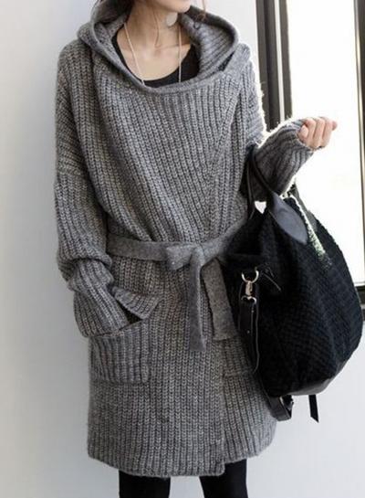 Oasap Fashion Loose Fit Hooded Cardigan With Belt