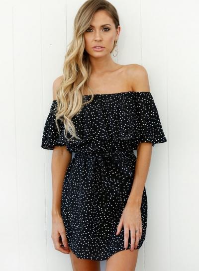 Oasap Polka Dots Off Shoulder Short Sleeve Ruffle Mini Dress