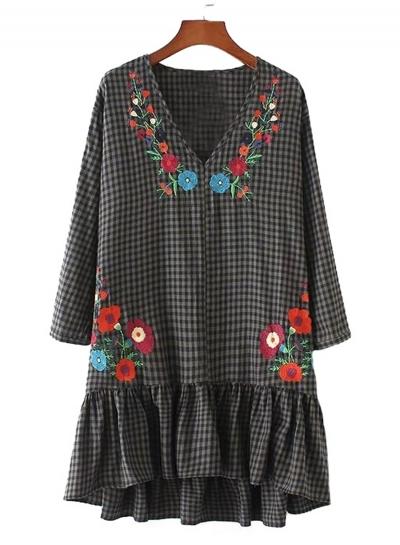 Oasap V Neck Floral Embroidery Flounce Hem Dress