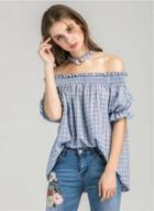 Oasap Off Shoulder Short Sleeve Plaid Blouse With Choker