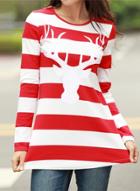 Oasap Round Neck Striped Deer Patterned Christmas Tee Shirt