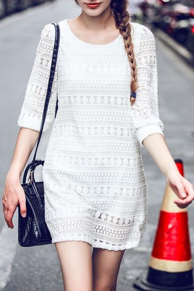 Oasap Women's White Three Quarter Sleeve Lace Shift Dress