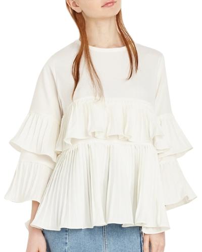 Oasap Women's Fashion Long Sleeve Double Layered Pleated Blouse