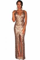 Oasap Gold Sequined Front Slit Padded Maxi Gown