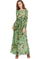 Oasap Round Neck Leaves Print Long Sleeve Maxi Dress With Belt