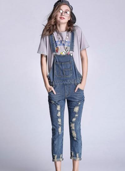 Oasap Ripped Blue Slim Fit Denim Suspender Pants Trousers