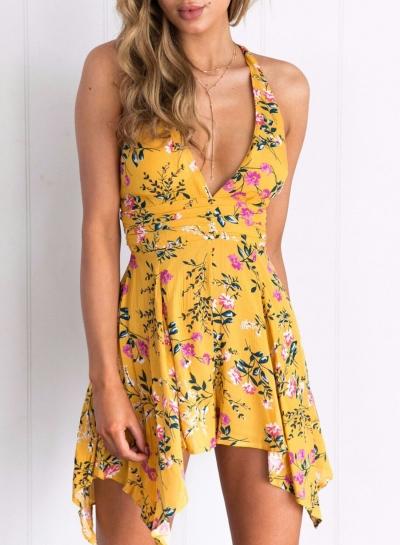 Oasap Hot Deep V Neck Floral Print Ruffle Romper