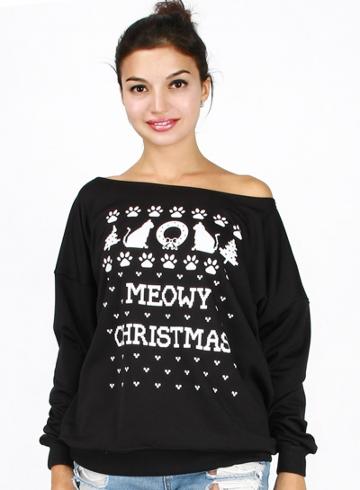 Oasap Fair Isle Christmas Print Off The Shoulder Sweatshirt