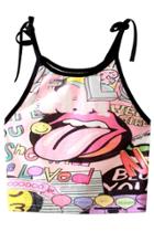 Oasap Cartoon Lip Graphic Lace-up Spaghetti Strap Crop Top