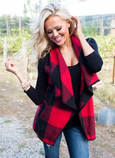Oasap Turn Down Collar Sleeveless Plaid Vest With Pockets