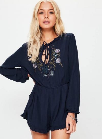 Oasap Long Sleeve Lace Up Floral Embroidery Romper