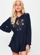 Oasap Long Sleeve Lace Up Floral Embroidery Romper