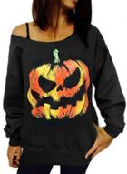 Oasap Slash Neck Long Sleeve Halloween Pumpkin Print Sweatshirt