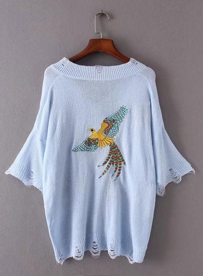 Oasap V Neck Birds Embroidery Half Sleeve Knitwears