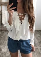 Oasap V Neck Lace-up Ruffle Long Sleeve Pullover Blouse