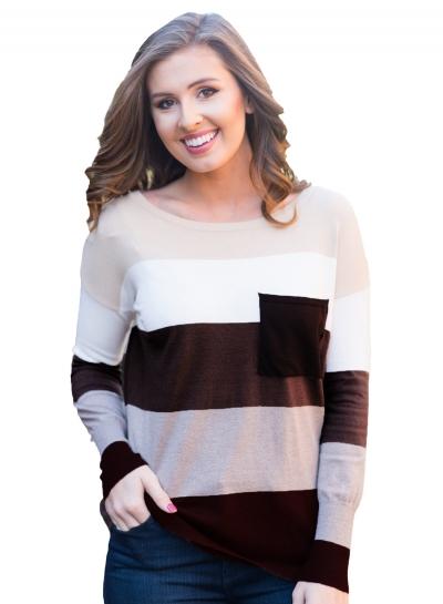 Oasap Round Neck Long Sleeve Knit Striped Wool Sweater