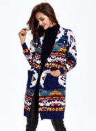 Oasap Long Sleeve Open Front Geo Printed Knit Cardigan