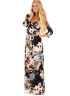 Oasap Floral Print Three Quarter Length Sleeve Maxi Dress