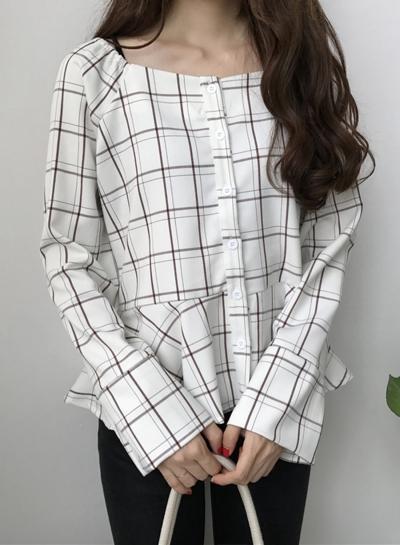 Oasap Slash Neck Flare Sleeve Plaid Button Down Shirts