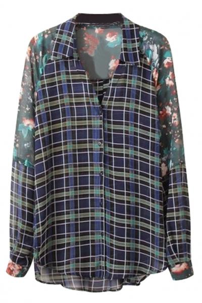 Oasap Bewitching Plaid Floral Yoke Button Down Shirt