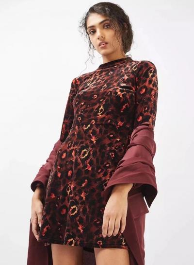 Oasap Fashion Long Sleeve Leopard Printed Velvet Dress