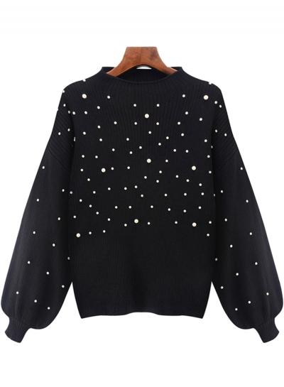 Oasap Lantern Sleeve Pearls Loose Fit Pullover Sweater