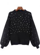 Oasap Lantern Sleeve Pearls Loose Fit Pullover Sweater