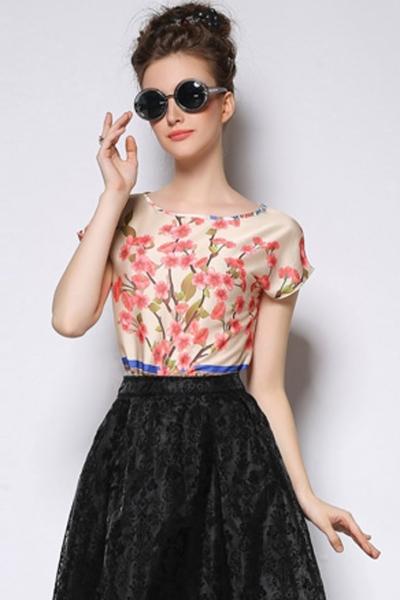 Oasap Sweet Beige Floral Pattern Blouse