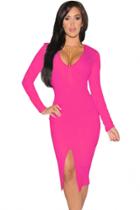 Oasap Hot Pink Long-sleeve Midi Dress