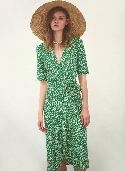 Oasap Wrap V Neck Floral Tie Waist Midi Dress