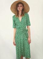 Oasap Wrap V Neck Floral Tie Waist Midi Dress