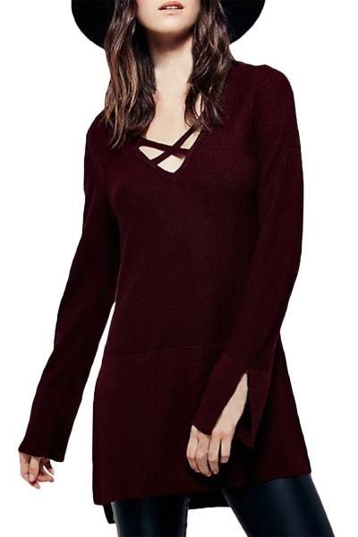 Oasap Women Lace-up Front High Low Side Slit Long Sleeve Knit Sweater