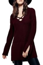 Oasap Women Lace-up Front High Low Side Slit Long Sleeve Knit Sweater