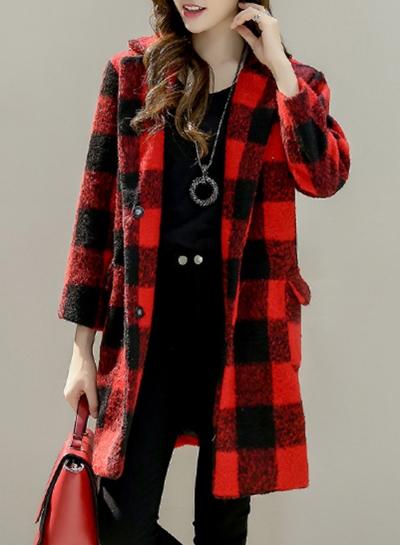 Oasap Turn Down Collar Long Sleeve Plaid Wool Coat