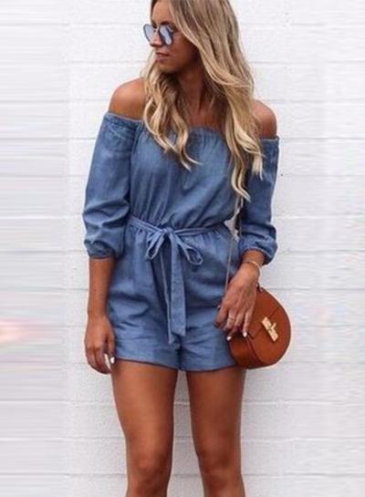 Oasap Off Shoulder 3/4 Sleeve Denim Romper With Belt