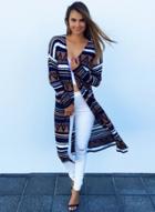 Oasap V Neck Long Sleeve Printed Open Front Coat