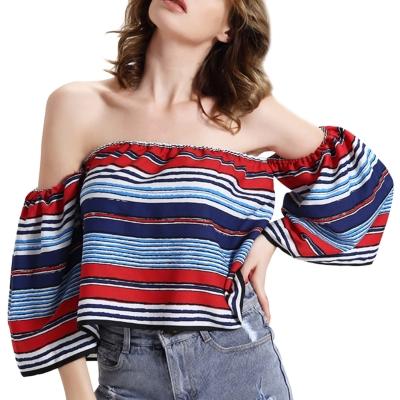 Oasap Women's Slash Neck Off-shoulder Stripe Print Lantern Sleeve Top