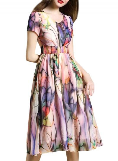 Oasap Women's Fashion Print Round Neck Short Sleeve A Line Dress