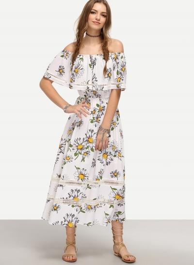Oasap Slash Neck Floral Print Lace Panel Off Shoulder Long Dress