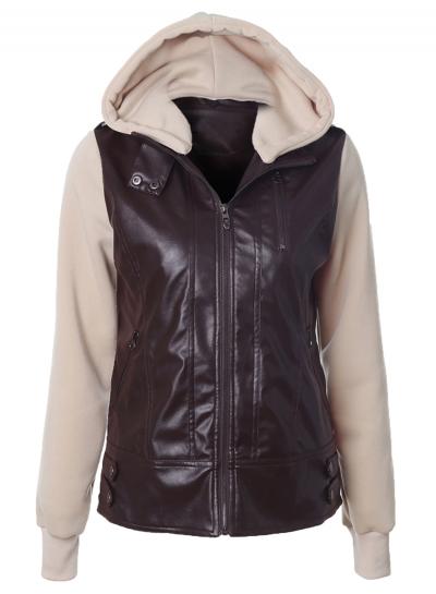 Oasap Color Block Detachable Sleeve Turn-down Collar Hooded Jacket