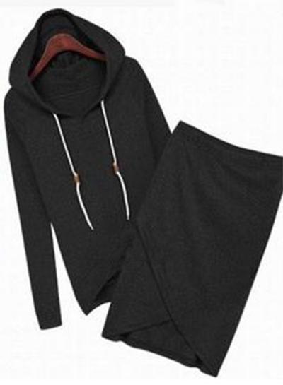 Oasap Fashion 2 Piece Solid Hoodie Irreuglar Skirt Set