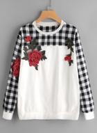 Oasap Plaid Floral Embroidery Long Sleeve Tops