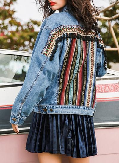 Oasap Long Sleeve Embroidered Denim Jacket With Tassel