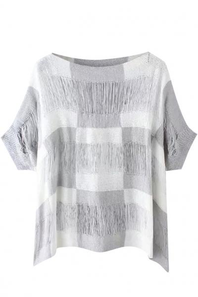 Oasap Color Block Plaid Short Sleeve Pullover Sweater