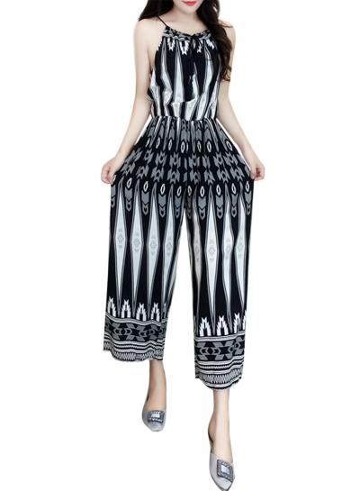 Oasap Women's Casual Sleeveless High Waist Print Wide-leg Jumpsuit