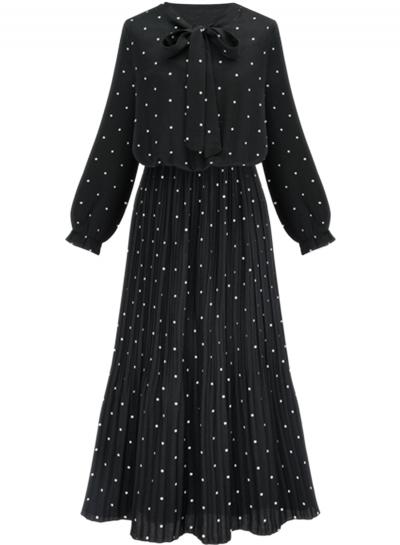 Oasap Women's Bow Tie Collar Long Sleeve Polka Dot Pleated Maxi Dress
