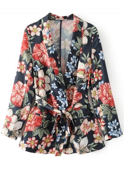 Oasap Long Sleeve Floral Print Blazer With Belt