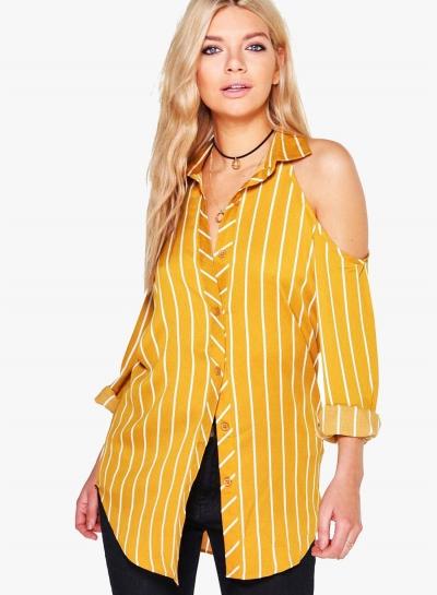 Oasap Turn-down Collar Off Shoulder Stripped Shirt
